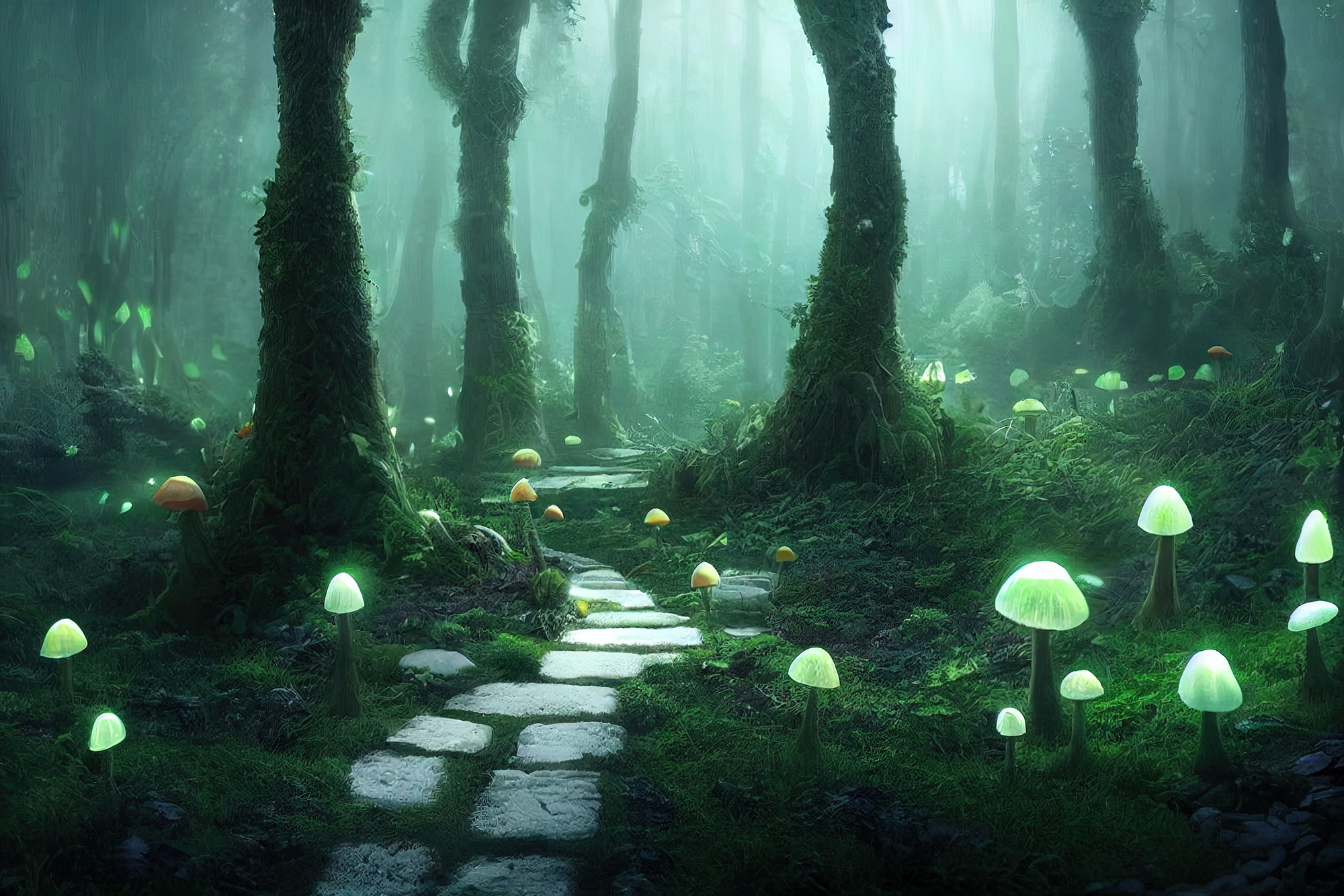 Fantasy deep forest, Luminous huge mushrooms, luminous fireflies, luminous path made out of shimmering stone blocks